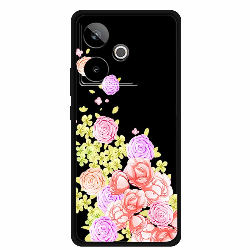 For Realme GT7 GT 7T Case Cute Floral Retro Black Silicone Soft Case Back Cover for Realme GT 7 TPU Funda For Realme GT 7T Coque