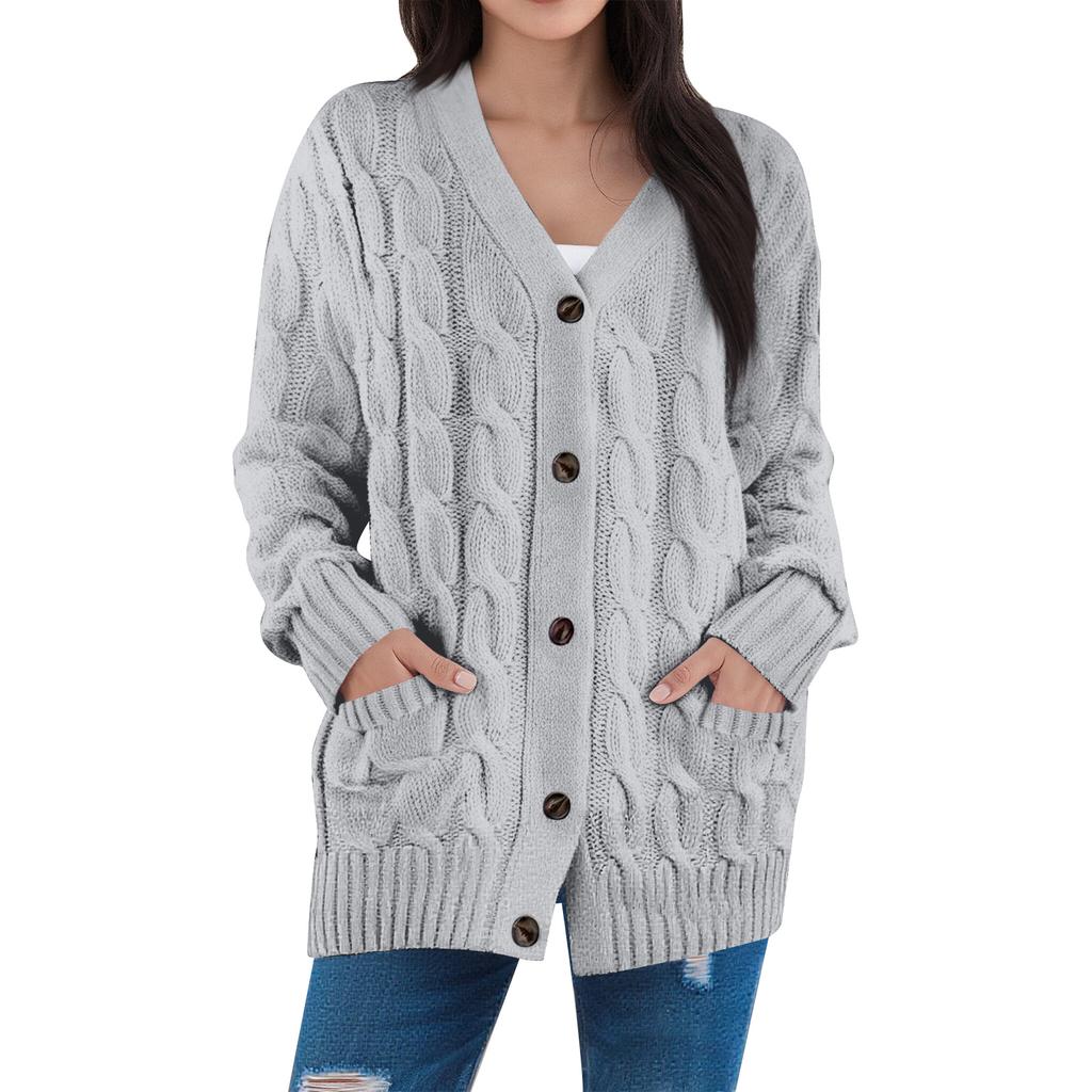 Women's Fashion Solid Color Casual Cardigan Jacket Cable Knit Button Cardigan Sweater