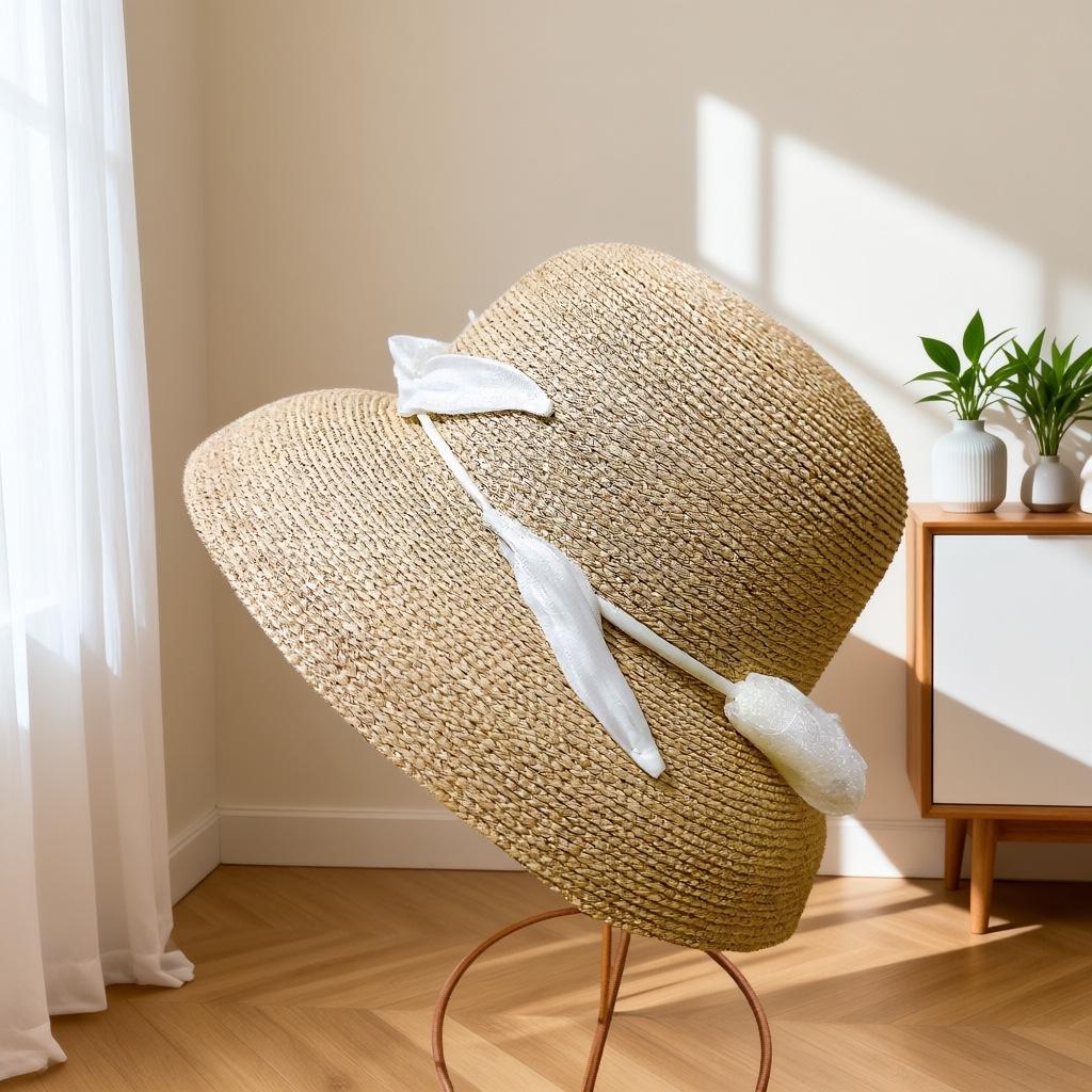 Japanese Hepburn-Style Tulip Raffia Sun Hat for Women - Hand-Woven Summer Straw Hat with Sun Protection