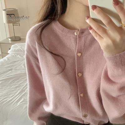 Women Knitting Cardigan Round Neck Long Sleeve Ribbed Trim Sweater Coat Single Breasted Loose Fit Solid Color Outwear Knitwear