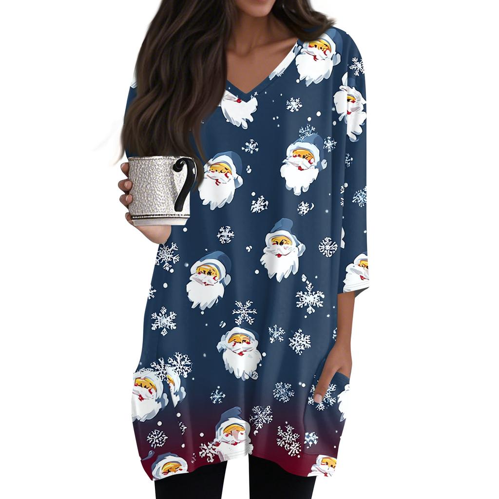 Womens Tops V-neck 3/4 Sleeve Blouses Casual Mid-length Shirts Fashion Christmas Print Tunic Tops With Pockets