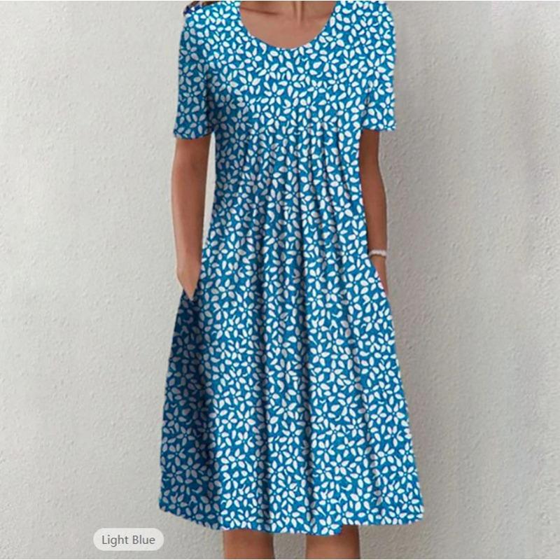 

Женская мода лето весна цветочный принт короткий рукав U-образный вырез свободные повседневные платья XL