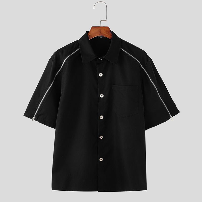 

INCERUN Summer Men Zipper Short Sleeve Oversized Casual Loose Cargo Tops Shirts 4XL чёрный