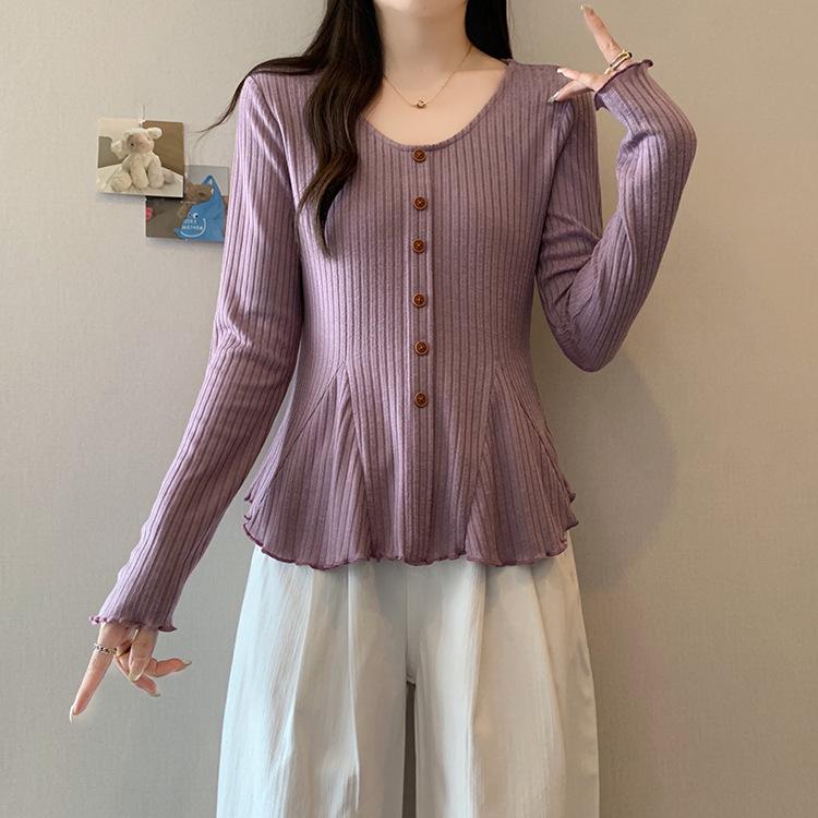 Plus Size Women s Slimming Ribbed Knit Top with French Round Neck and Long Sleeves L фиолетовый