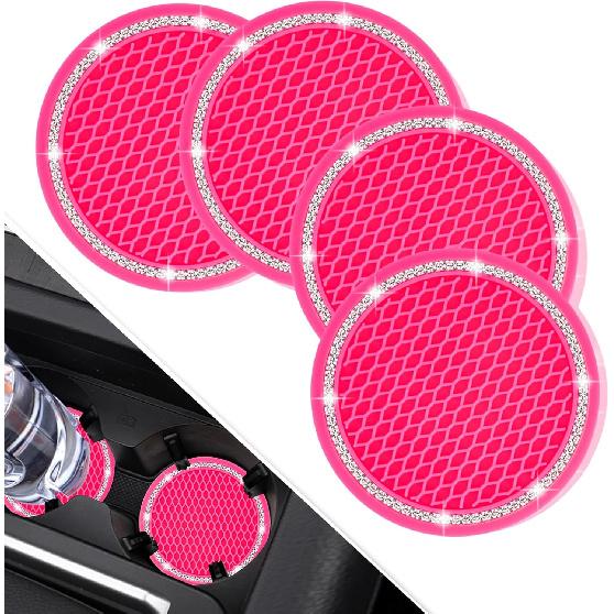 4 Pack Car Coasters, Universal Vehicle Bling Car Coaster, Cute Rhinestone Coaster for Cup Holders,Interior Accessories 2.75'' Silicone Anti Slip Car