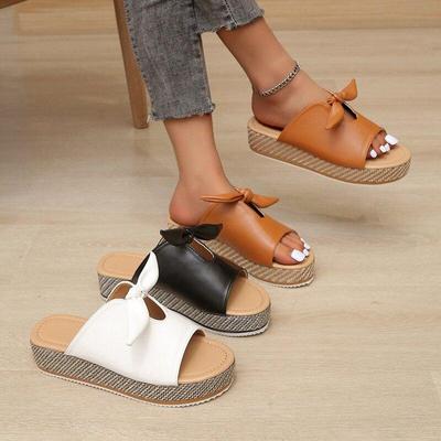 Women Summer Slippers Female Slip On Bow Flip Flops Beach Sandals Thick Sole Non -Slip Wedge Shoes Plus Size 36 -43 Zapatos Mujer