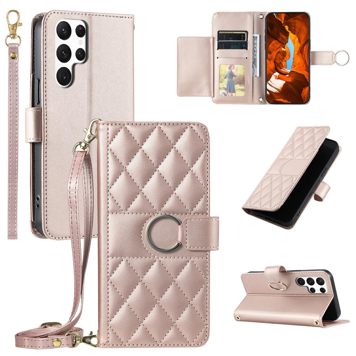 

For Samsung Galaxy S24 Ultra Crossbody Leather Case Ring Buckle Wallet Stand Rhombus Mobile Cover D