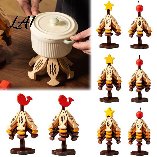 Kitchen Accessories Gift Bamboo Trivets with Storage Rack Heat Resistant Hot Table Protector Pads Decorative Wooden Coaster for Dining Countertop