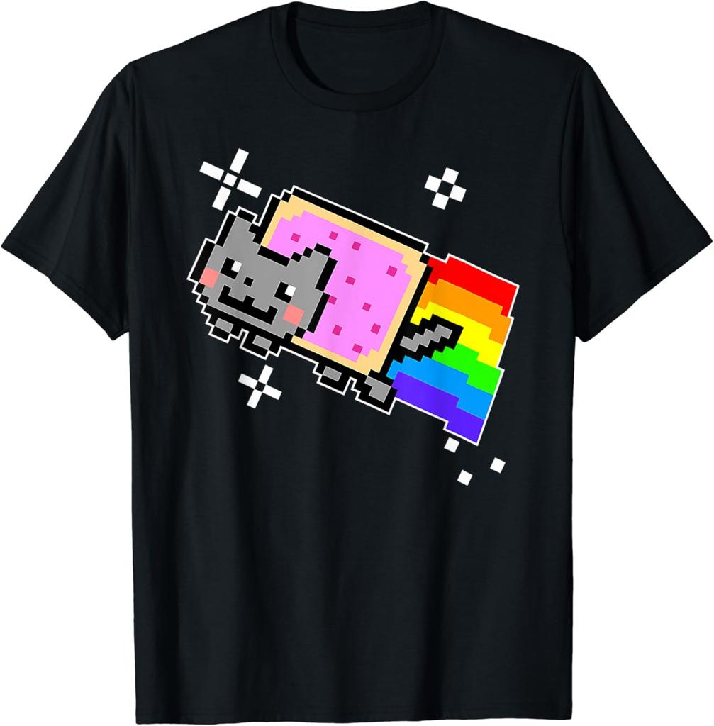 Funny Meme Creative Top Hip Hop Y2K Vintage Print Short Sleeve Nyan Cat with Rainbow T-Shirt Casual Loose Street Wear Unisex