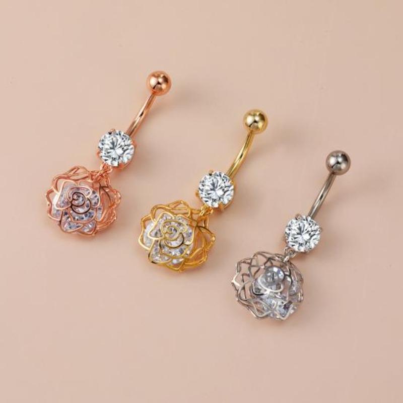 Rhinestone Navel Ring Rose Flower Belly Women Sexy Bar Piercing Body Jewelry