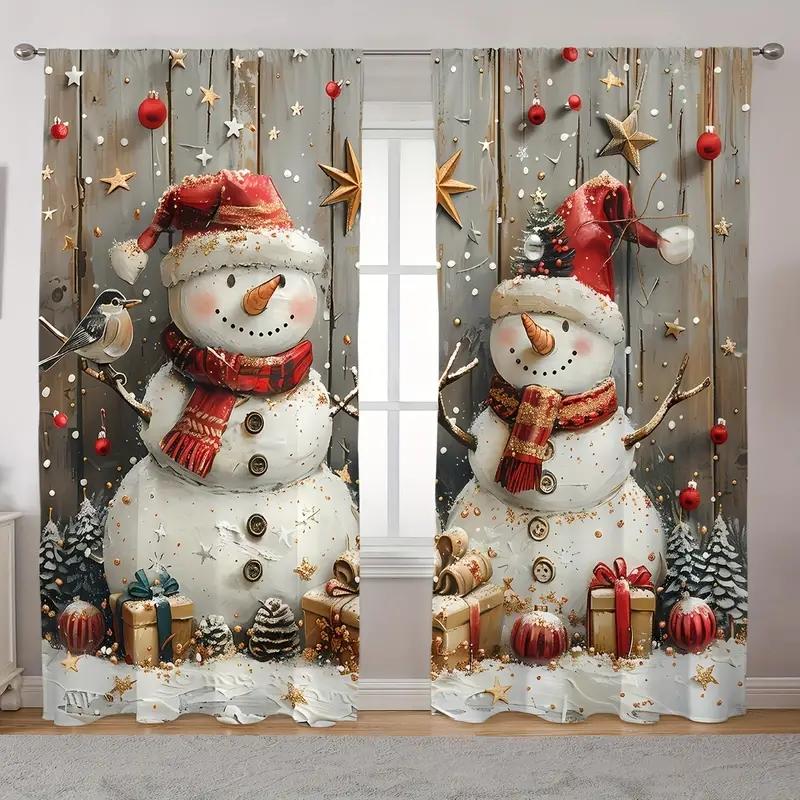 2pcs,Christmas Snowman,Red Cow Checkered Pattern With Rod Pocket Mount Digital Printed Curtains For Bedroom Living Room Kitchen