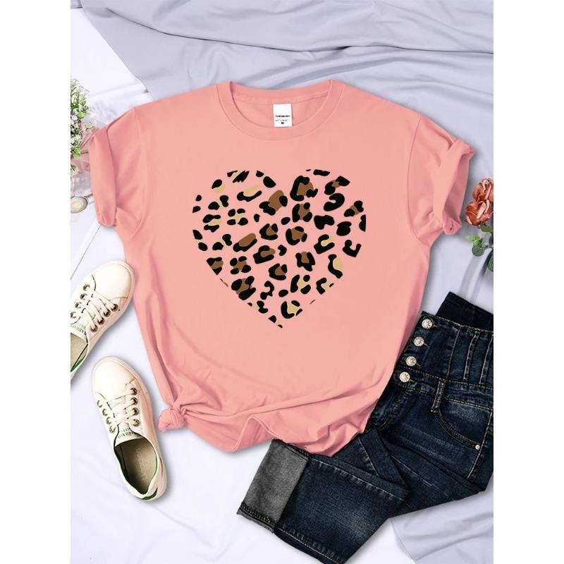 Sommer Rundhals 3D Leopard Herz Print Top Modische Lässige Kurzarm Damen T-Shirts