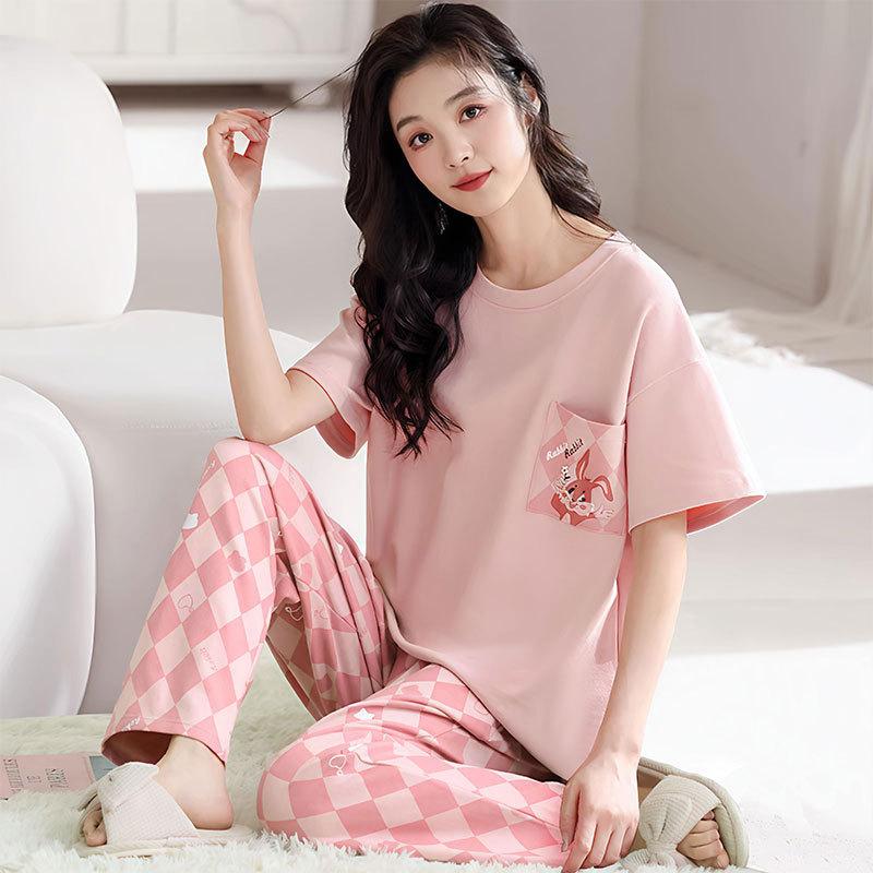 Short-sleeved long pants pajamas women's summer cartoon cute can be worn outside plaid loungewear imitation cotton suit summer thin