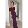 Abito Maxi da Donna a Spalle Scoperte Satinato Color Block Fiocco Dorato Elegante Abito da Sera Nero