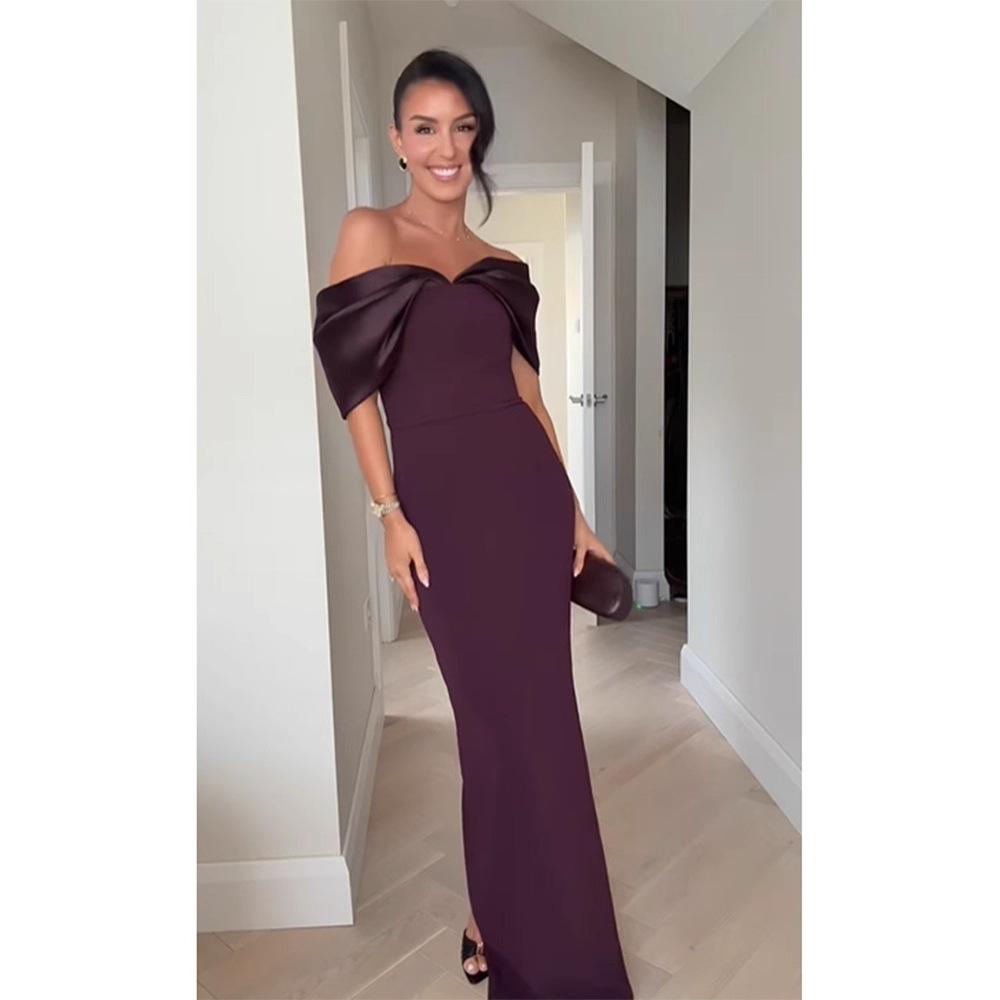 Abito Maxi da Donna a Spalle Scoperte Satinato Color Block Fiocco Dorato Elegante Abito da Sera Nero