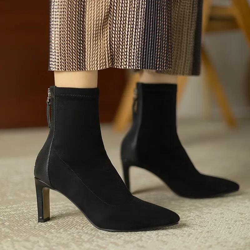 

Модные женские короткие сапоги 2024 года, осень, новый стиль, острый тонкий каблук, облегающие вязаные носки, эластичные высокие каблуки, универсальная обувь 40 чёрный