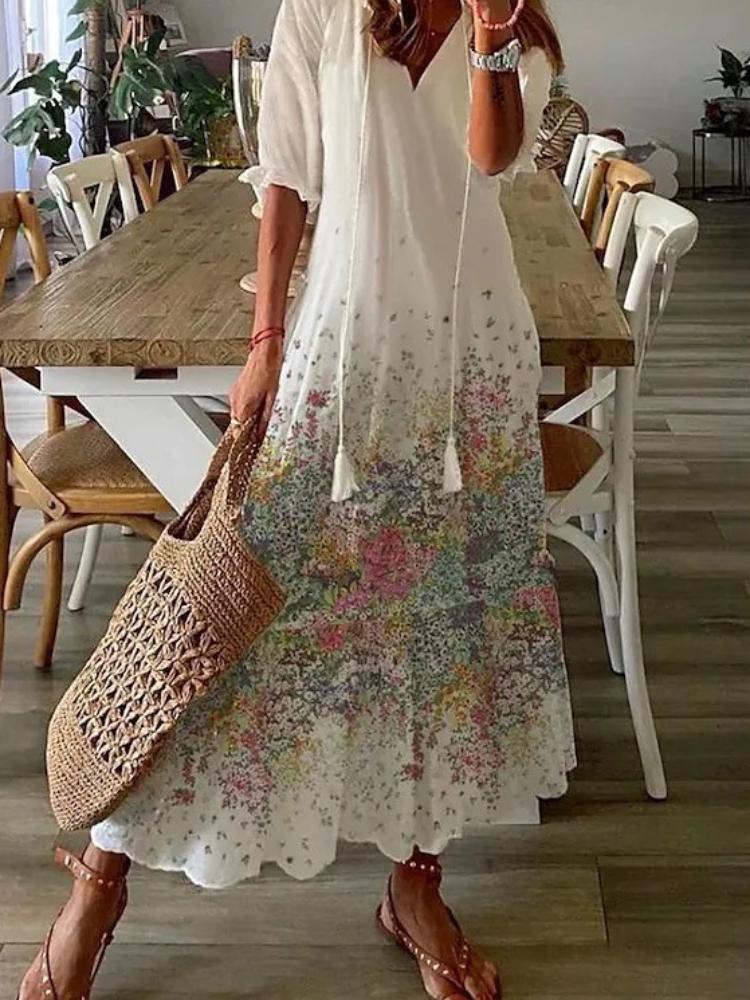 Women's Geometric Print Short Sleeve Dress with Round Neck and Side Slit