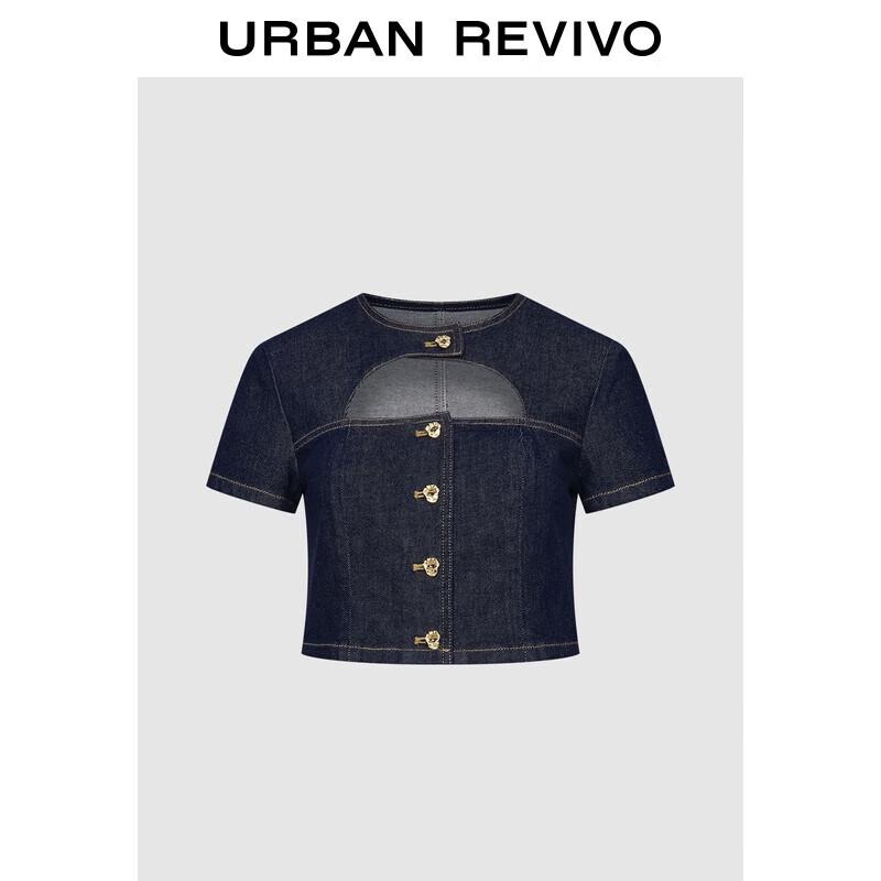 UR Women s Retro Hollow Button Short Sleeve Denim Shirt XL