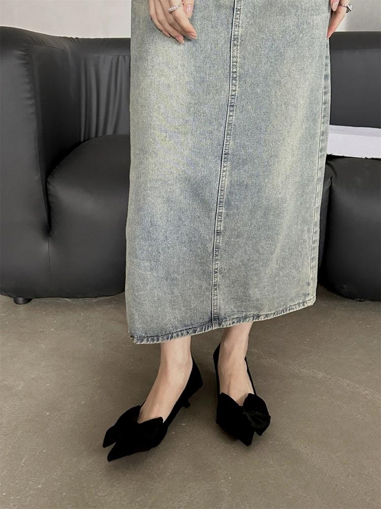 

Туфли-лодочки на высоком каблуке с бантом, женские туфли на тонком каблуке, новые осенне-зимние, с острым носком, темпераментные, черные атласные туфли 39 чёрный