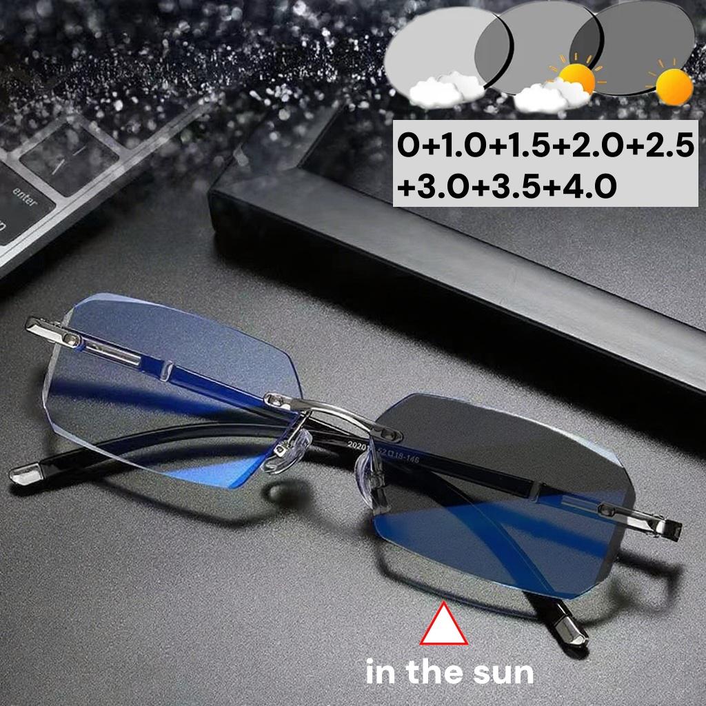 Fashion  Diamond Trimmed Frameless Frameless Photochromic Reading Glasses Luxury Anti Blue Light Prescription Far Sight Eyewear