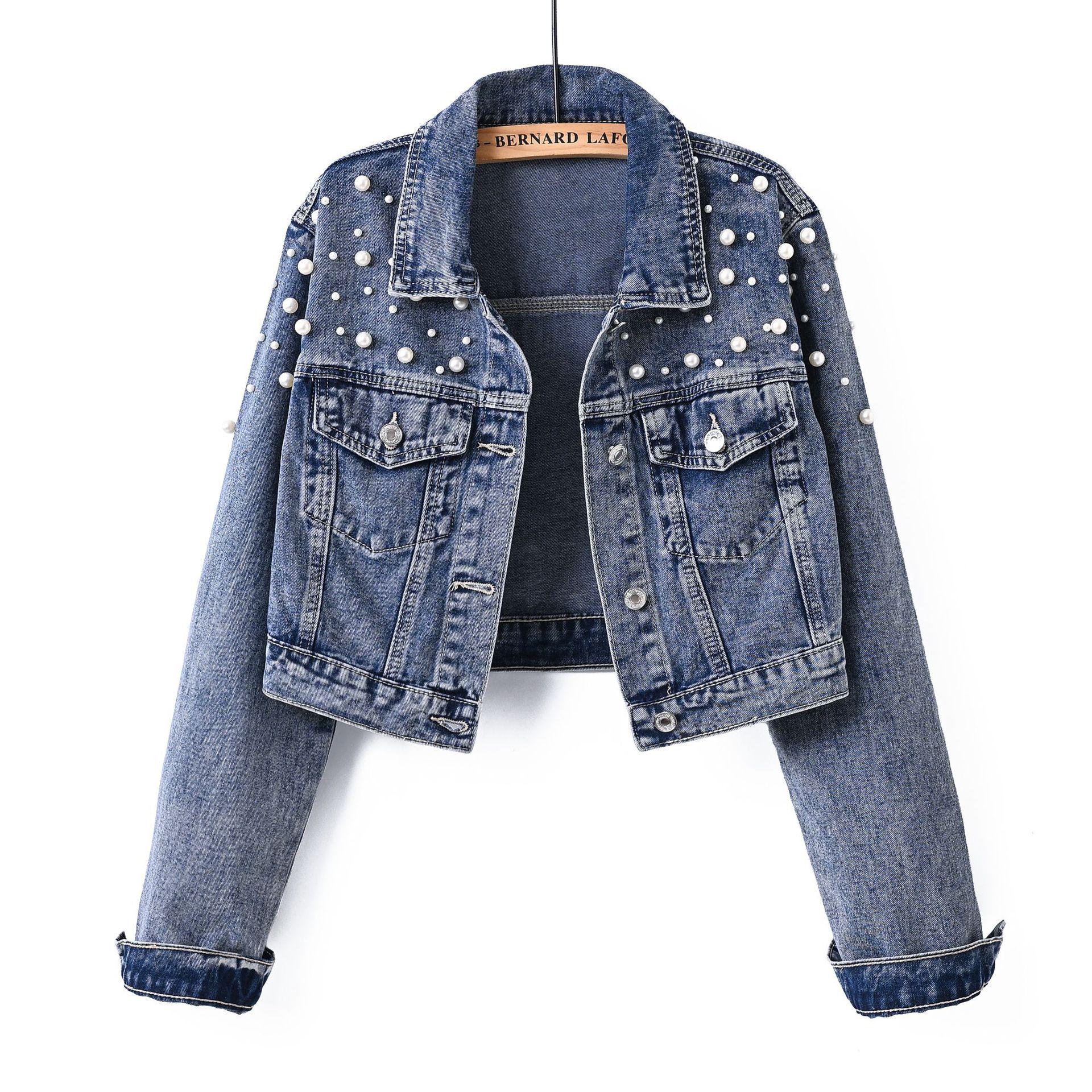 

Жіноча джинсова куртка світло-блакитного кольору з бісером та стразами - Маленький розмір, коротка, весна/осінь 2025 X-Large світло-синій колір