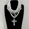 Fashionable Pearls Multilayered Necklace with Silver Sturdy Alloy Crosses Pendant Accessory for Women and Girls