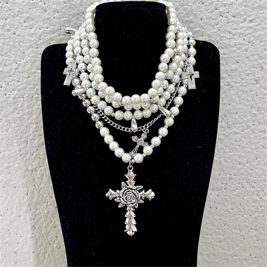 Fashionable Pearls Multilayered Necklace with Silver Sturdy Alloy Crosses Pendant Accessory for Women and Girls
