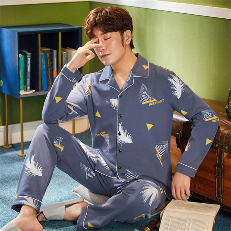 Men's Korean Style Cotton Cardigan Pajama Set - Long Sleeve & Pants for Spring & Autumn, Wearable Outdoors