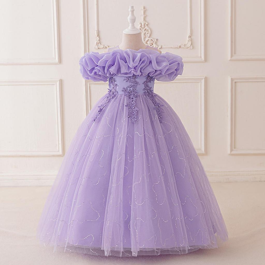 Abito da Principessa Ricamato con Perle per Bambina 4-12 Anni Moda Spalle Scoperte Manica a Sbuffo Abito in Rete Compleanno Matrimonio Damigella