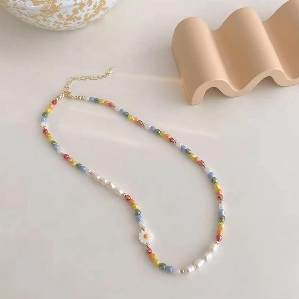 Daisy Flower Colorful Crystal Bead Beaded Necklace Bracelet Sweet Versatile Necklace Clavicle Chain Jewelry Accessory