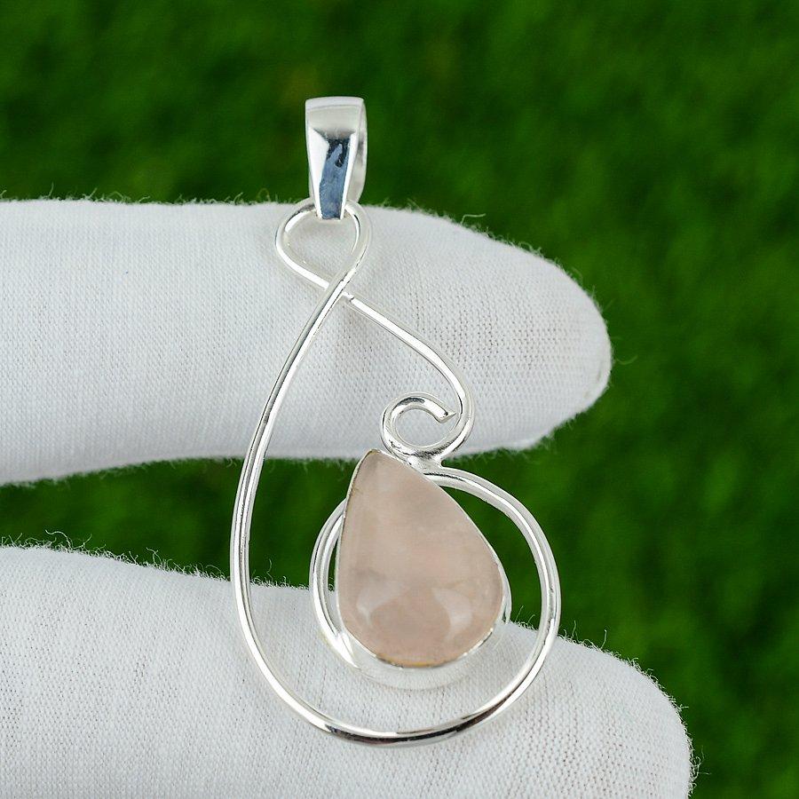 Birthday Gift For Her Natural Rose Quartz Gemstone Pendant 925 Sterling Silver