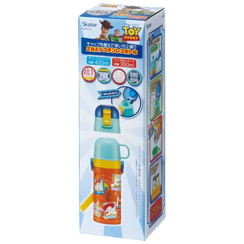 Skater Children's Water Bottle, 2-Way, 420ml (Direct Drinking) or 350ml (Cup Drinking), Disney Toy Story 23 Design, Small Capacity, Stainless Steel, I