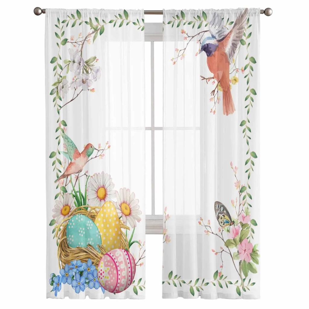 Bird Easter Eggs Plant Leaves Flowers Tulle Voile Curtains for Bedroom Living Room Window Curtain Sheer Curtains Organza Drapes