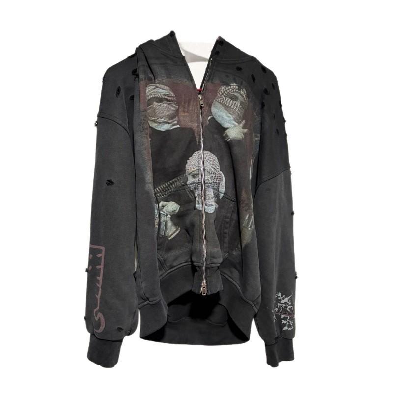 Black Graphic Print Zip-Up Hoodie Unisex Streetwear Oversized Pullover Fall Casual Sweatshirt