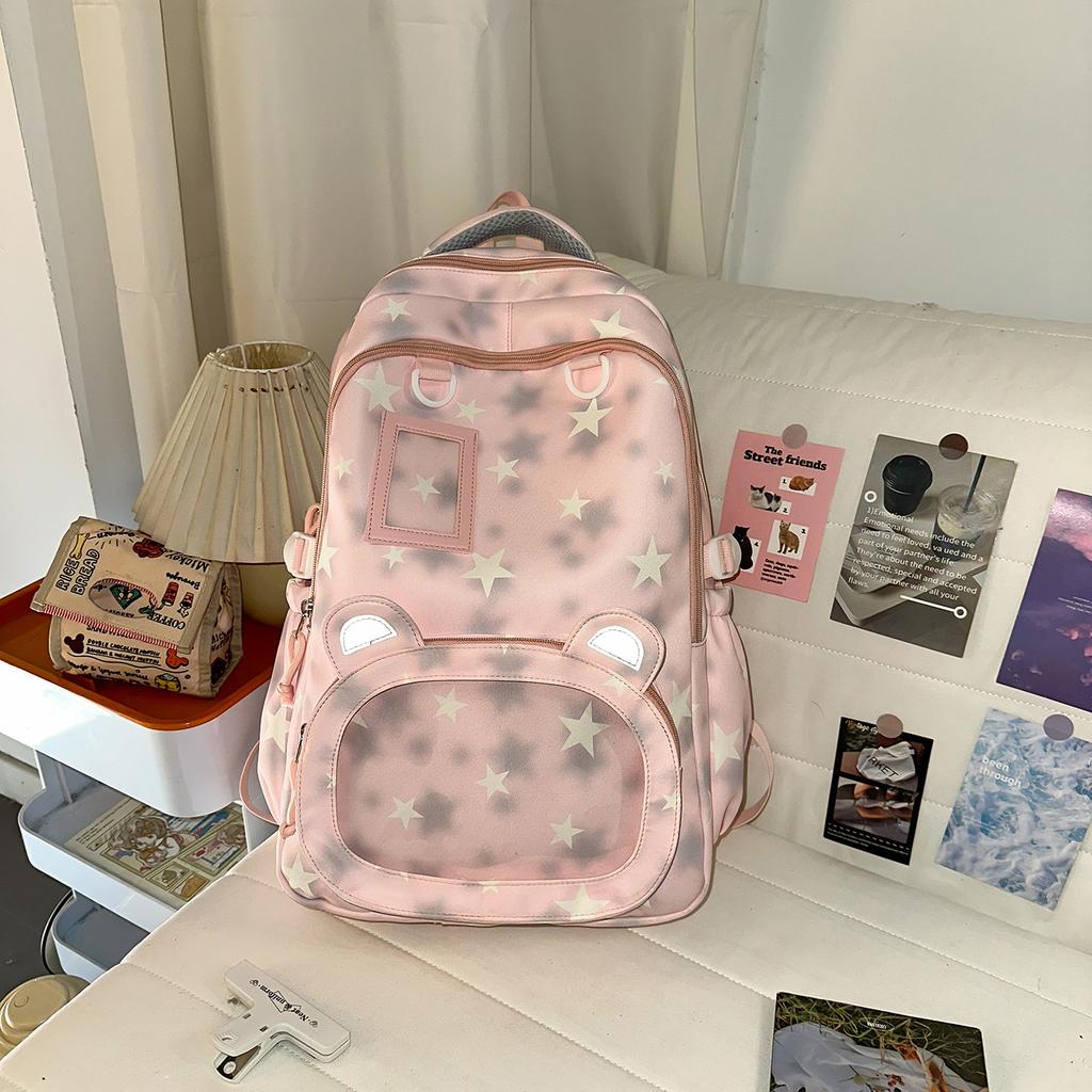 Schoolbag Korean version ins High value sweet pentagram transparent ears backpack for junior high school students large capacity class backpack
