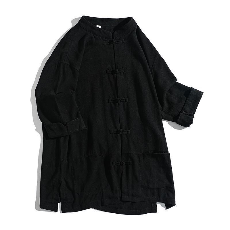 Camicie Stile Cinese Tang Suit da Uomo Moda Estiva Manica Corta Camicie Imitazione Lino Uomo Collo alla Coreana Top con Rilievo di Bambù