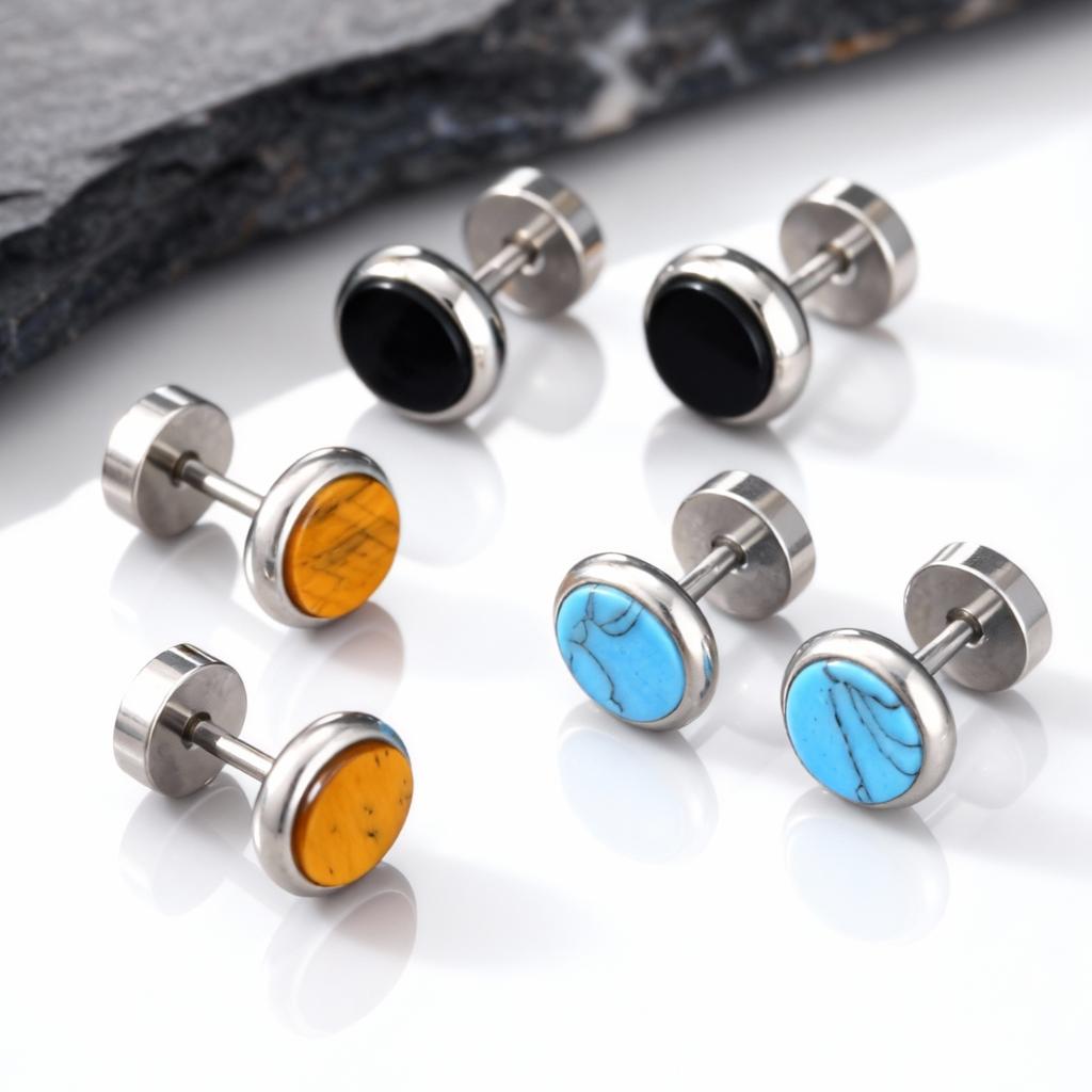 Small Round Natural Stone Stud Earring for Men,Hypoallergenic Stainless Steel Stud Earrings,Hip Hop Fashion Jewelry Gift