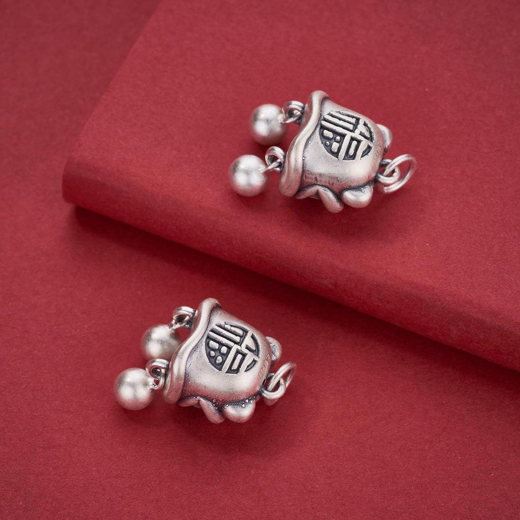 S999 Sterling Silver Fu Lion Dance Pendant with Tassel for DIY Necklace