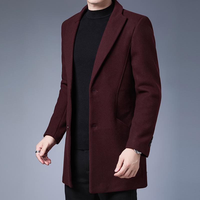 Men's 2025 Mid-Length Slim Wool Trench Coat - Stylish, Solid Color Lapel Overcoat
