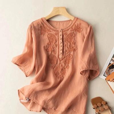Women's Color Cotton And Linen Short,sleeved Embroidered Retro Breathable T,shirt Round Neck Top