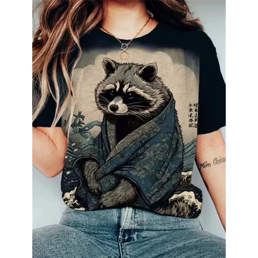 Cartoon Character Pattern Denim Print Round Neck T-shirt for Spring and Summer Casual Short Sleeved Top Women's Clothing