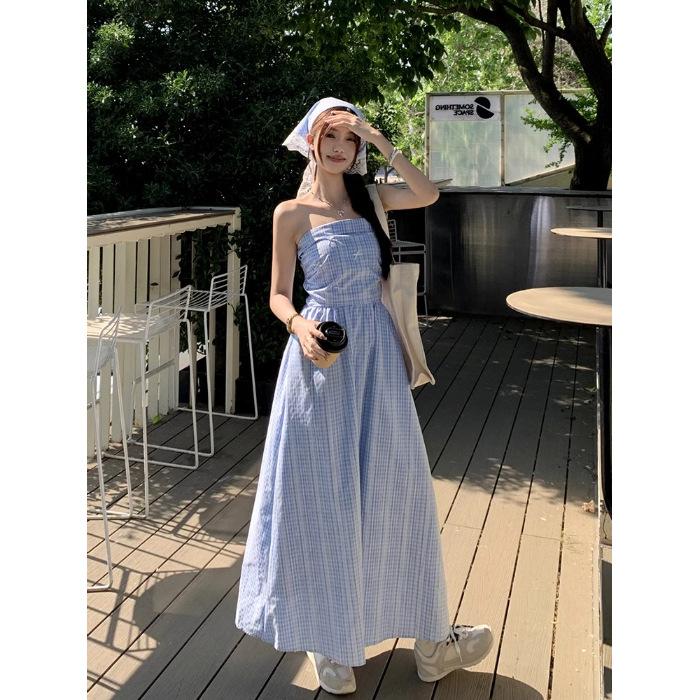 French blue plaid suspender dress children s summer new seaside vacation small temperament dress S