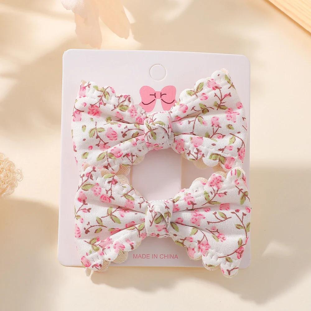 

2pcs/set Cute Cotton Kids Bows Hair Clips For Baby Girls Plaid Flower Prints Summer Bowknot Hairgrips Barrette Hair Accessories