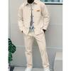 Men'sSpring and Autumn Waffle Pure Color Placket Pocket Jacket + Pants Set - A Casual Two-Piece Outfit