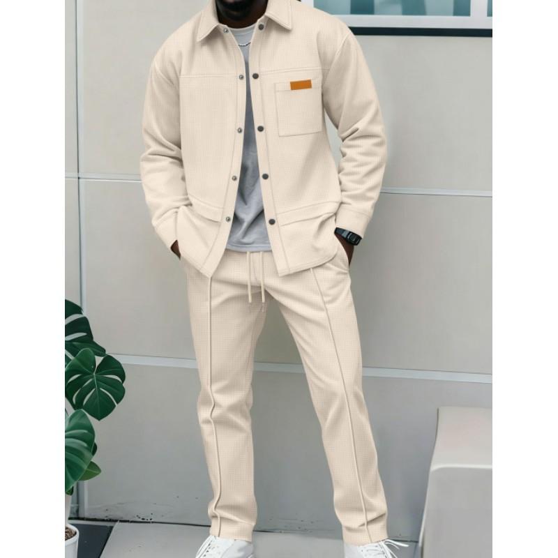 Men'sSpring and Autumn Waffle Pure Color Placket Pocket Jacket + Pants Set - A Casual Two-Piece Outfit