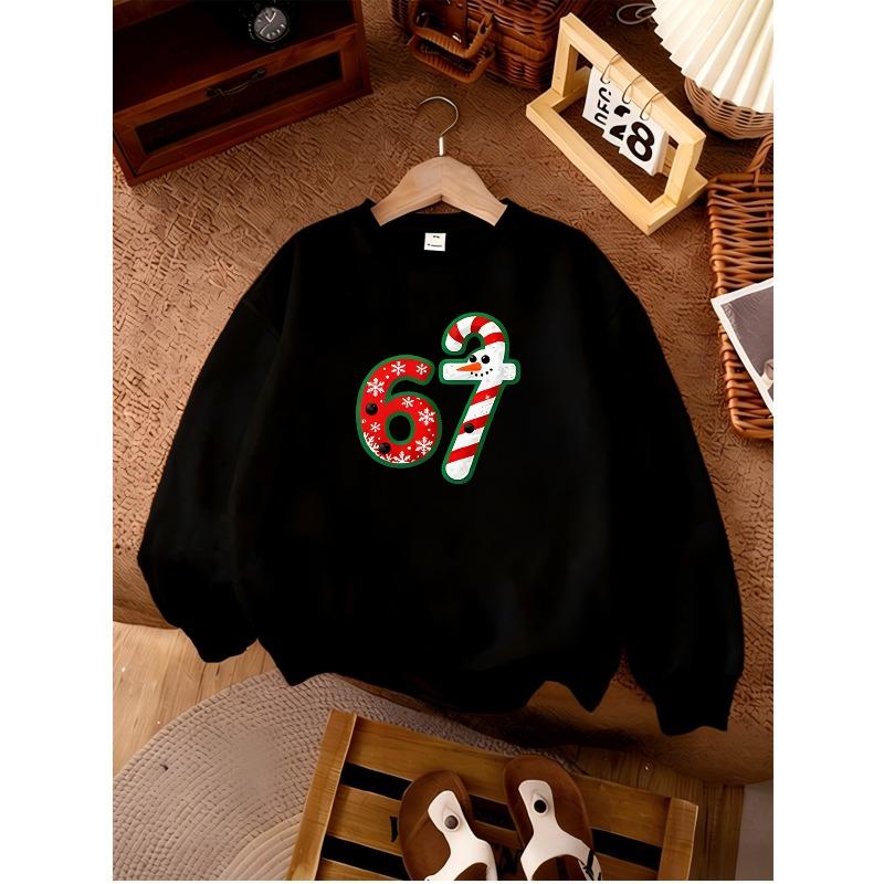 Unisex Kids Pink Crewneck Sweatshirt For 4-12 Boys Girls Christmas Snowflake Candy Cane Snowman Number 67 Print Soft Fleece Long Sleeve Pullover