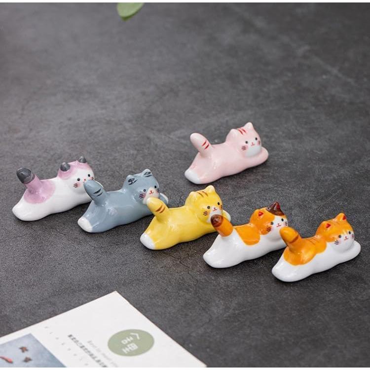 Ceramic Chopstick Holder Animal Series - Running Cat & Country Cat, Multi-color Home Decor, Izakaya Souvenir - Set of 6