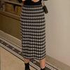 Houndstooth Slim-Fit Women's Autumn Winter Knitted Midi Skirt Wool Versatile High Waist Bodycon Half Skirt