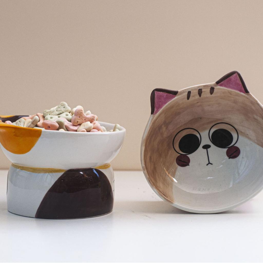 High Footed Ceramic Cat Bowl, Pet Bowl, Slanted Neck Protection Bowl, Decorative Ceramic Storage Box, Desktop Storage