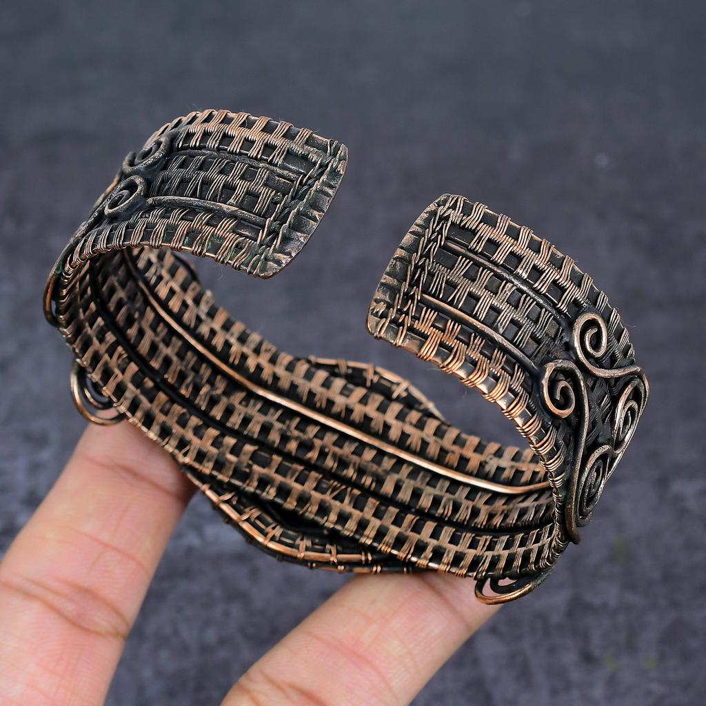 Lapis Lazuli Gemstone Handmade Copper Wire Wrap Cuff Bangle Adjustable g3B60